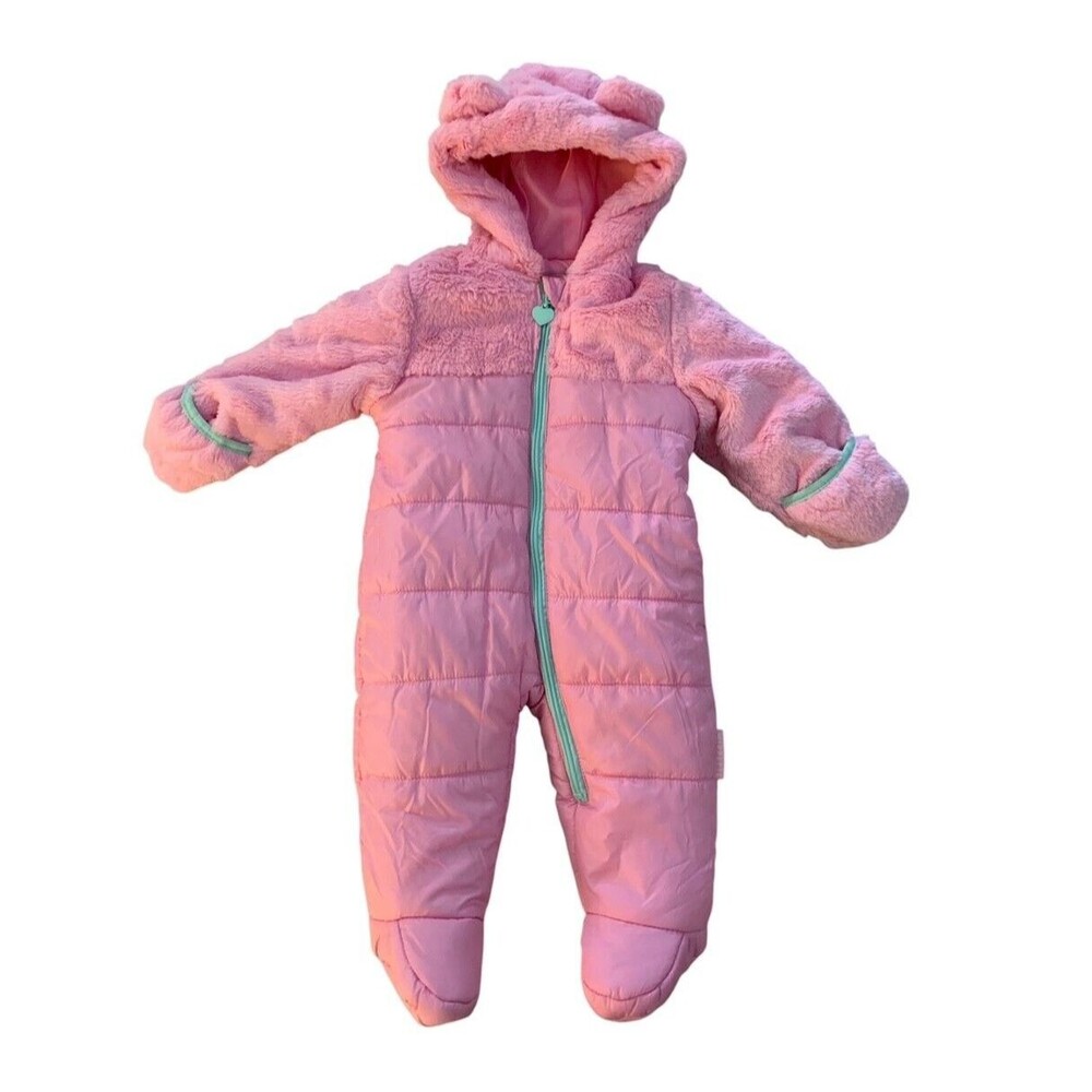 Wippette Kids Baby 6-9 Months Pink Faux Fur Puffer Bunting Snowsuit One Piece